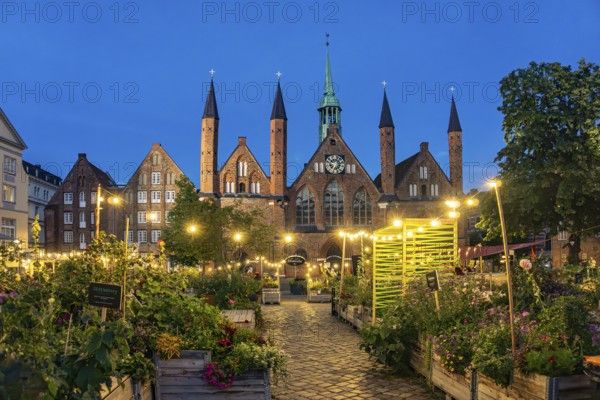 Bürgergärten am Geibelplatz and Heiligen-Geist-Hospital at dusk, Hanseatic City of Lübeck, Schleswig-Holstein, Germany