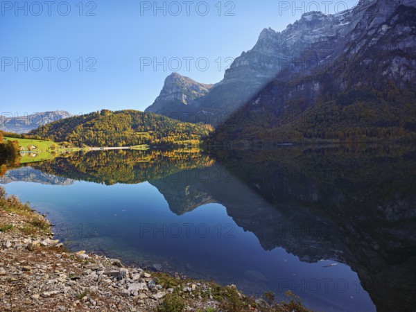 Autumn-colored forest is reflected in Obersee, Näfels, Canton of Glarus, Switzerland