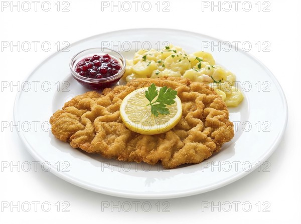 AI generated, AI generated, meat, food, nutrition, veal schnitzel, a delicious Wiener schnitzel, white plate, garnished with a slice of lemon, potato salad and cranberries, studio recording, Lower Saxony, Federal Republic of Germany