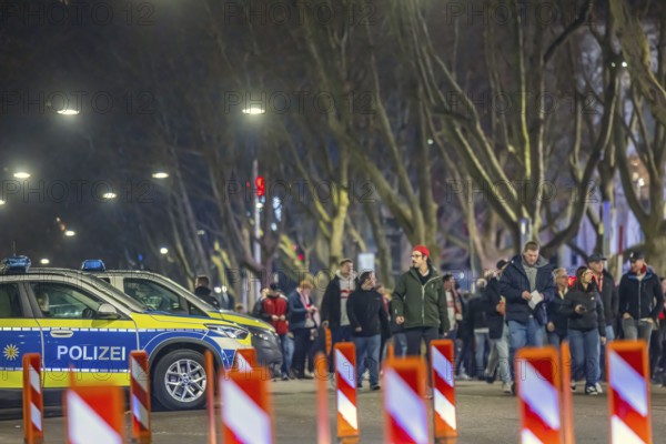 High-risk game at the MHP Arena Stuttgart. VfB Stuttgart will face Maccabi Tel Aviv's team in the Europa-League. Strong police forces secure the area around the stadium on Mercedesstraße. Police cars. Stuttgart, Baden-Württemberg, Germany