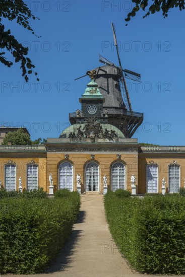 New chambers with historic windmill in Sanssouci Palace, Potsdam, Brandenburg