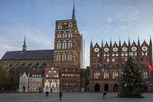 Stralsund medieval town hall, display façade at the Old Market Square, to the left the St. Nicholas Church Hanseatic City of Stralsund, Vorpommern-Rügen district, Mecklenburg-Western Pomerania, Germany