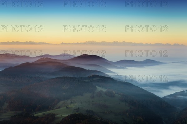 View from Belchen heading south of Wiesental and the Swiss Alps, morning atmosphere with fog in autumn, sunrise, Belchen, Black Forest, Southern Black Forest, Baden-Württemberg, Germany