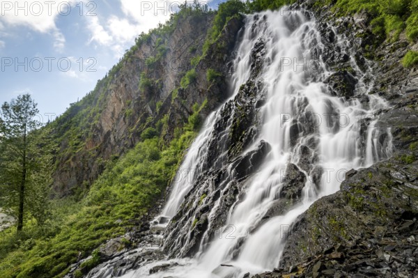 Bridalveil Falls waterfall, canyon, long exposure, Keystone Canyon, Richardson Highway, Alaska, USA