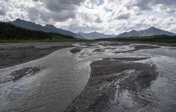 Taiga and tundra with Teklanika River, mountain scenery of the Alaska Range with dramatic cloudy sky, Denali National Park, Alaska, USA