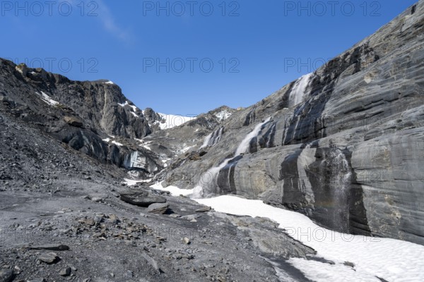 Glacier Ice and Waterfall, Worthington Glacier, Worthington Glacier State Recreational Site, Chugach Mountains, Alaska, USA