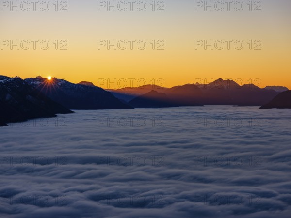 Sunset in the mountains, in the Fog Sea valley, Chiemgau Alps, Upper Bavaria, Bavaria, Germany