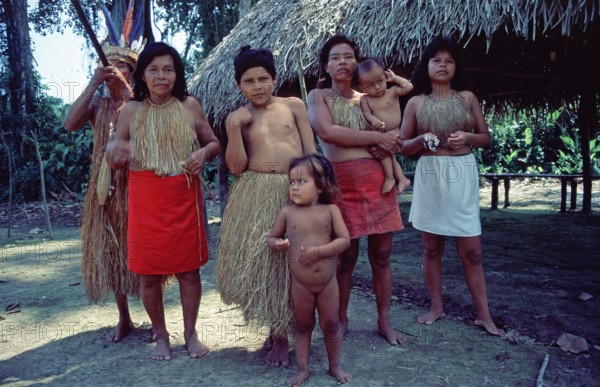 Members of a Yagua tribe near Iquitos on the Amazon pose for photos, Peru, South America, September 1997, vintage, retro, old, historic