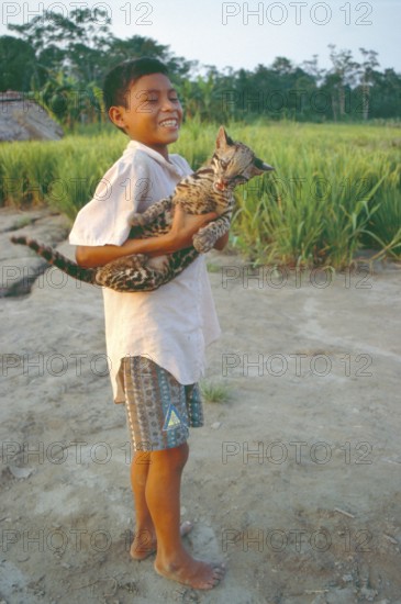 A boy whose father runs a small private zoo near Iquitos in the Amazon shows an ocelot (Leopardus pardalis), Peru, South America, September 1997, vintage, retro, old, historical