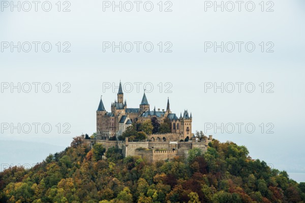 Castle and autumnal forest, Hohenzollern Castle, Hechingen, Swabian Jura, Baden-Württemberg, Germany