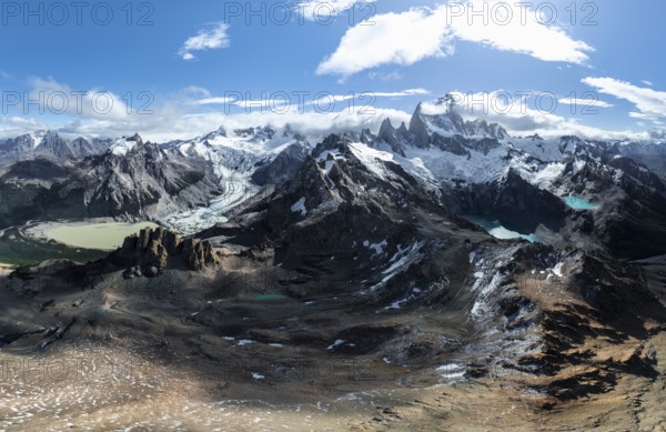 Aerial view, epic panorama, large glaciers, glacial lakes Lago de los Tres Laguna Sucia and Laguna Torre, mountains and peaks of Monte Fitz Roy and Cerro Torre, Fitz Roy mountain range, Cerro Chalten, Los Glaciares National Park, Patagonia, Santa Cruz Province, Argentina