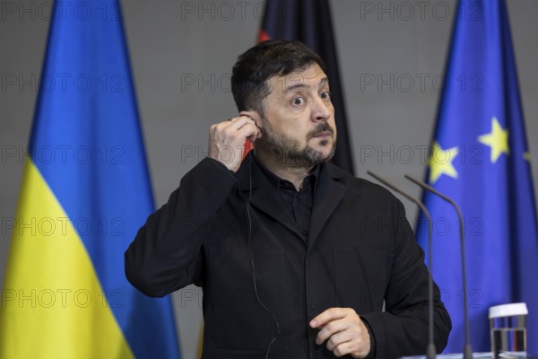Volodymyr Zelensky (President of Ukraine) and Friedrich Merz (Chancellor of the Federal Republic of Germany) hold a press conference at the Federal Chancellery after the 8th German-Ukrainian Economic Forum, 15 August 2025