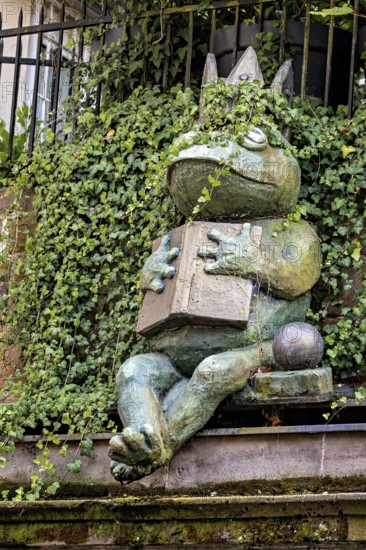 A frog sculpture with crown and book, surrounded by ivy, creates an enchanted atmosphere, The Frog King of Marburg an der Lahn in Hesse