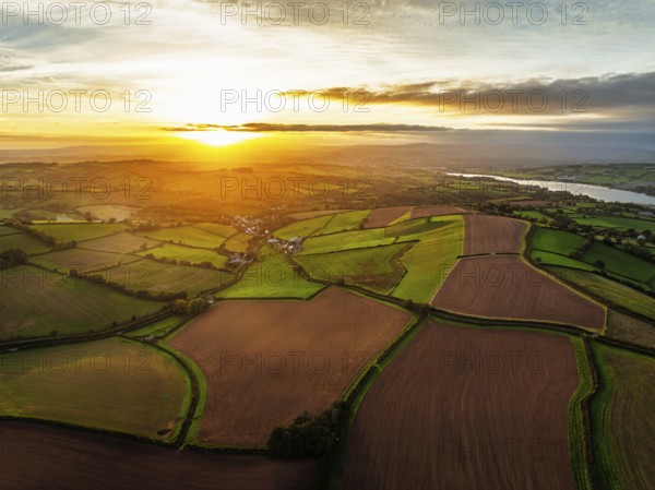 Colours of autumn Fields and Farms over Sheldon from a drone, Torbay, Devon, England, United Kingdom