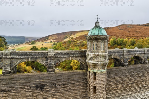 Autumn over Craig Goch Dam from a drone, Elan Valley Reservoirs, Elan Valley, Rhayader, Powys, Wales, UK