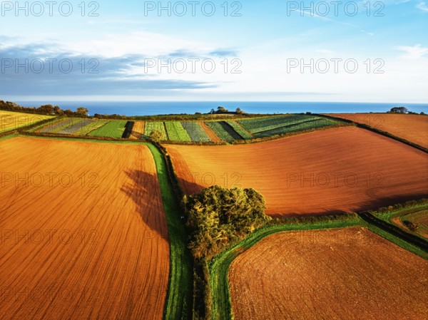 Colours of autumn Fields and Farms over Sheldon from a drone, Torbay, Devon, England, United Kingdom