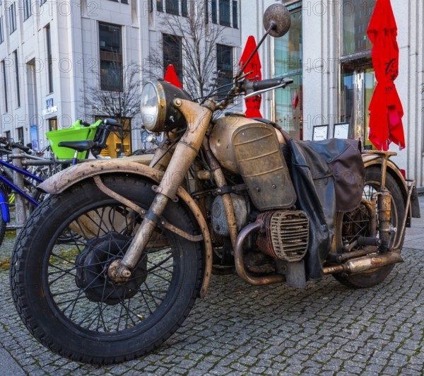 Retro motorcycle with sidecar, old and rusted, roadworthy and officially approved, Berlin, Germany