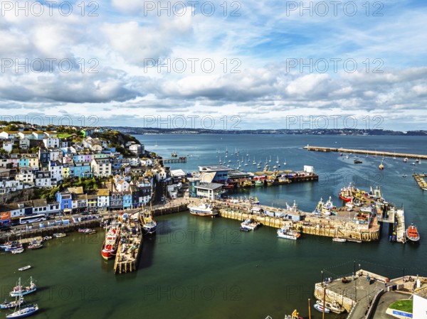 Brixham Hourbour and Brixham Marina from a drone, Brixham, Torbay, Devon, England, United Kingdom