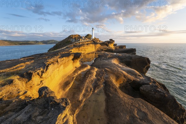 Castlepoint lighthouse on a rock, sea, sunrise. Castlepoint, Wairarapa Coast, Wellington Region, North Island, New Zealand