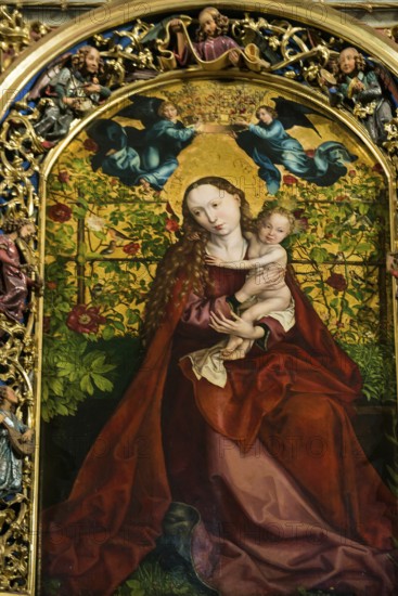 Famous medieval painting, Madonna in the Garden of Roses, by Martin Schongauer, Dominican Church, Église des Dominicains, Colmar, Haut-Rhin Department, Alsace, France