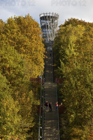 View of the Jübergturm with the stairway in Sauerlandpark in autumn, Hemer, Märkischer Kreis, Sauerland, North Rhine-Westphalia, Germany