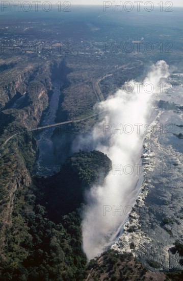 Aerial view, Victoria Falls, Zambezi, Zambezi Bridge, Zimbabwe, Africa, June 2000, vintage, retro, old, historic