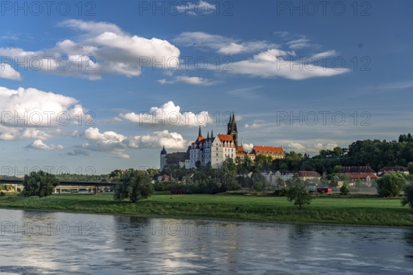 The castle hill with Albrechtsburg, cathedral and the Elbe in Meissen, Saxony, Germany