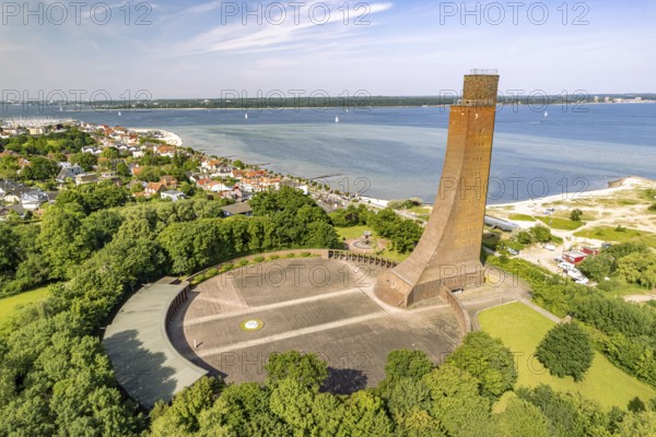 Laboe with the naval memorial, beach and dune landscape on the Kiel Fjord seen from above, Laboe, Schleswig-Holstein, Germany