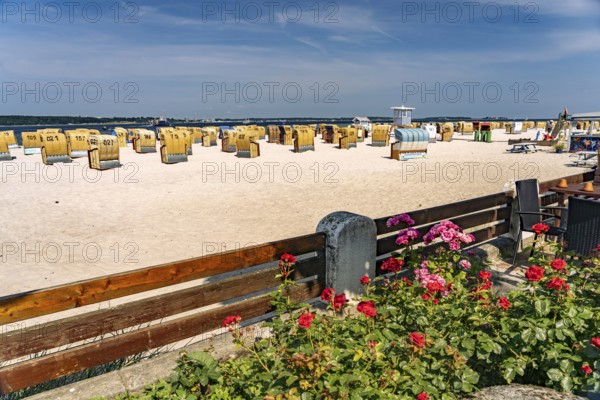 Beach chairs on the beach of Laboe on the Kiel Fjord, Laboe, Schleswig-Holstein, Germany