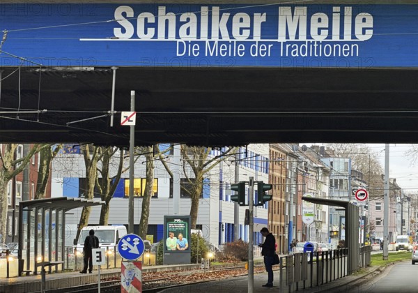 Schalker Meile logo on the A42 motorway bridge, Schalke district exit, Gelsenkirchen, Ruhr area, North Rhine-Westphalia, Germany