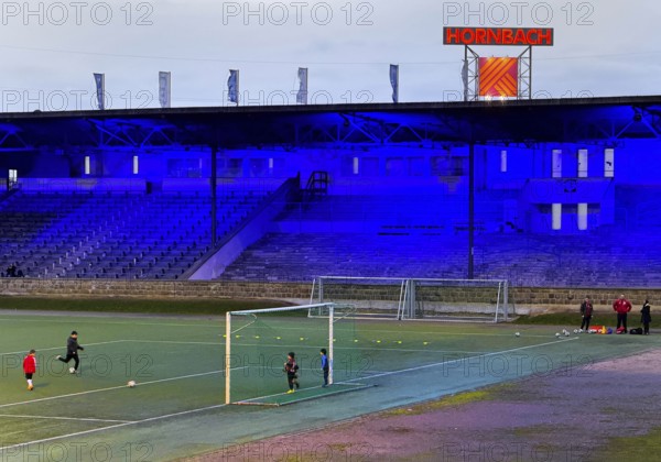 Youth training in the royal blue Glückauf Kampfbahn of FC Schalke 04, Gelsenkirchen, Ruhr area, North Rhine-Westphalia, Germany