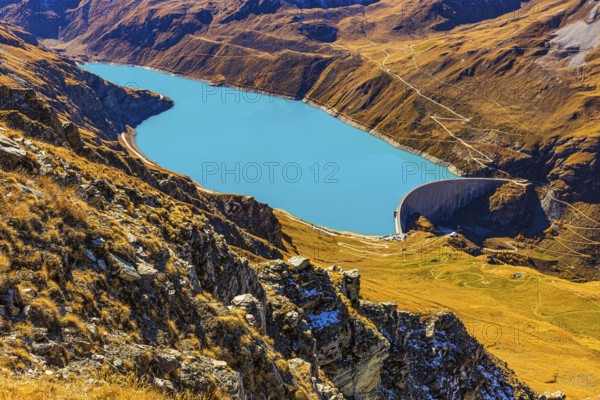 The dam and turquoise lake Lac de Moiry, Val d'Anniviers, Valais Alps, Canton of Valais, Switzerland