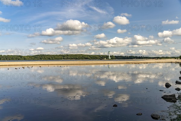 Falkensteiner Beach and Friedrichsort lighthouse on the Kiel Fjord, Kiel, Schleswig-Holstein, Germany
