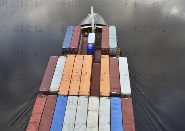 Aerial view of shipping container, container ship NORDIC PORTO photographed from above, Kiel Canal, Kiel Canal, Kiel Canal, Schleswig-Holstein, Germany