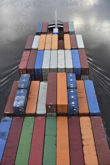 Aerial view of shipping container, container ship NORDIC PORTO photographed from above, Kiel Canal, Kiel Canal, Kiel Canal, Schleswig-Holstein, Germany