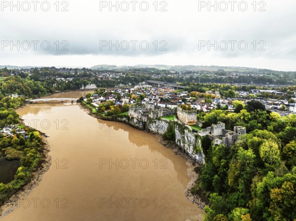 Autumn over Chepstow Castle and River Wye from a drone, Chepstow, Monmouthshire, Wales, UK