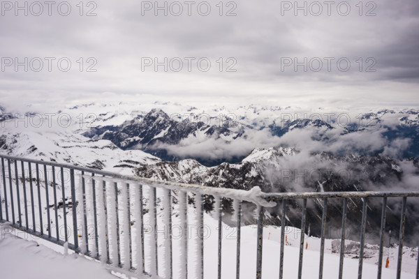 Another onset of winter in May, panorama from the summit station of the Nebelhorn, 2224m, to Höfats, 2259m, Allgäu Alps, Allgäu, Bavaria, Germany