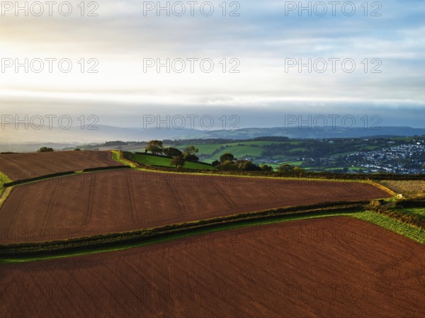 Colours of autumn Fields and Farms over Sheldon from a drone, Torbay, Devon, England, United Kingdom