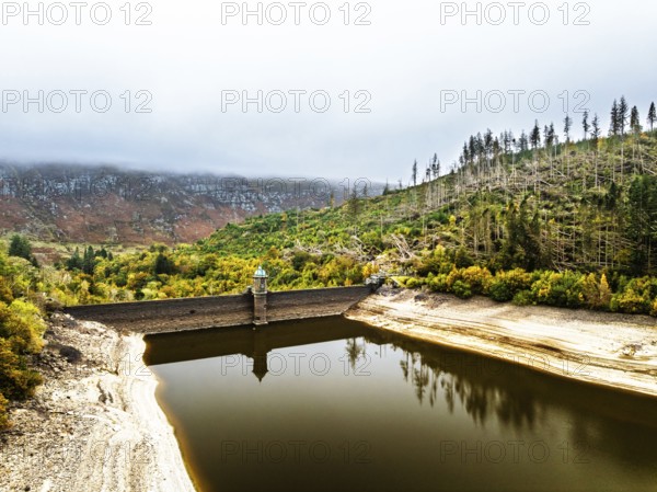 Pen y Garreg Dam and Reservoir from a drone, Elan Valley, Rhayader, Powys, Wales, UK