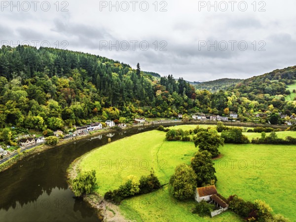 Autumn over Wye Valley and River Wye from a drone, Tintern, Chepstow, Monmouthshire, Wales, UK