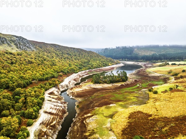 Autumn over Craig Goch Dam from a drone, Elan Valley Reservoirs, Elan Valley, Rhayader, Powys, Wales, UK