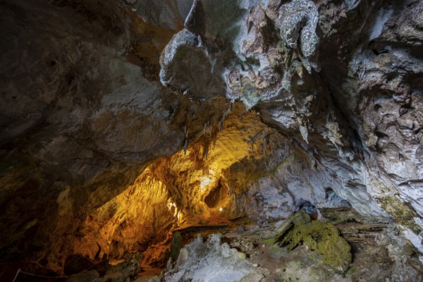 Stalactites and rock formations in a stalactite cave, Grotta del Fico, Gulf of Orosei, Baunei, Sardinia, Italy