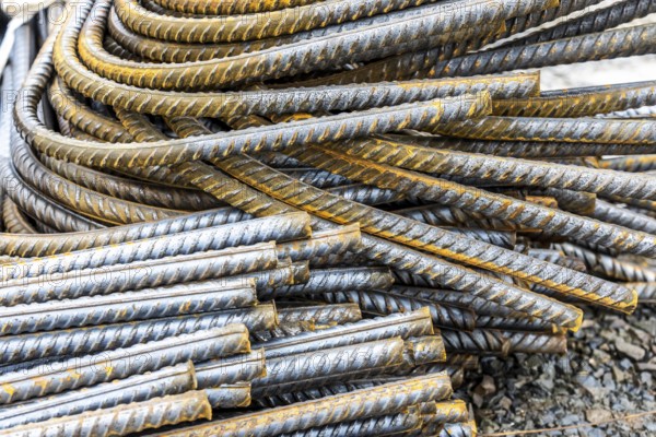 Reinforcing steel for the reinforced concrete foundation of a wind turbine, a mesh of rebar and rebar mesh, over 100 tons of reinforcing steel were used, the wind turbine will have a hub height of 160 meters, part of a new wind farm in Sauerland, near Balve, North Rhine-Westphalia, Germany