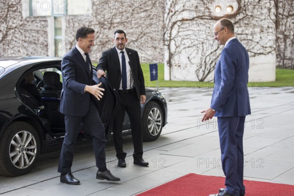 Mark Rutte (Secretary General of NATO) and Friedrich Merz (Chancellor of the Federal Republic of Germany, CDU) greeting each other in front of a joint one-on-one meeting at the Federal Chancellery, Berlin, 11 December 2025