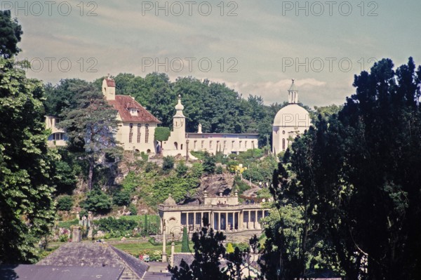 Buildings in Portmeirion folly tourist village, Gwynedd, North Wales, UK in 1985, built by Sir Clough Williams-Ellis
