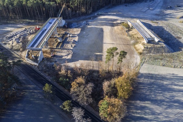 Aerial view of construction site, new bridge is build as part of bypass road, Celle, Germany