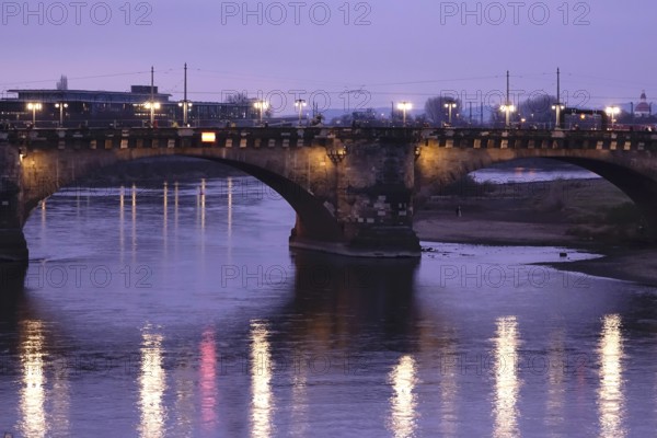 Augustus Bridge Dresden in the evening, Elbe with reflection, winter, Saxony, Germany