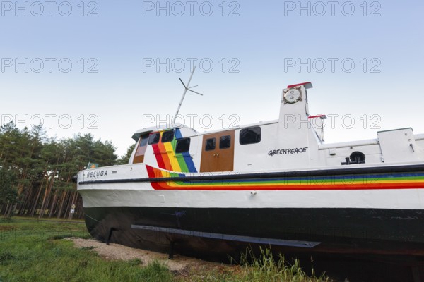 Beluga, former Greenpeace ship ashore, memorial, resistance against nuclear waste, interim storage facility in Gorleben, Gorlebener Wald, Lüchow-Dannenberg, Germany