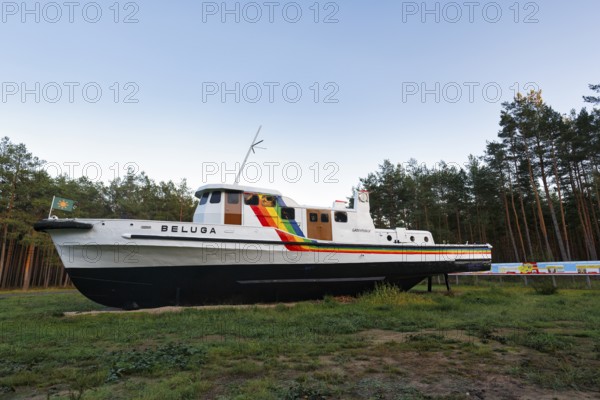 Beluga, former Greenpeace ship ashore, memorial, resistance against nuclear waste, interim storage in Gorleben, Gorlebener Wald, Lüchow-Dannenberg, Wendland, Germany