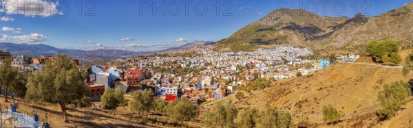 Colourful houses on a mountainside under a clear blue sky, Morocco, Chefchaouen, panorama